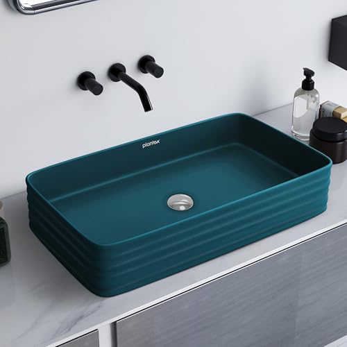 Image of Plantex Ceramic Designer Washbasin for Bathroom /Countertop Bathroom Basin /Rectangle Tabletop Wash Basin for Home /Office /Restaurant (Pine Blue - 26 x 15 x 5 Inch)