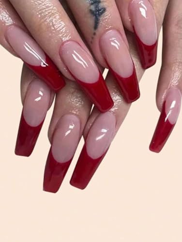 He Will Notice Your Exotic Deep Red,Exotic Fire Romance Burgundy Deep Red Coffin Shape Long Press On Nail Designs 2025 14 day wear Beautiful Nails Romantic and No Polish Needed, 24pcs + kit