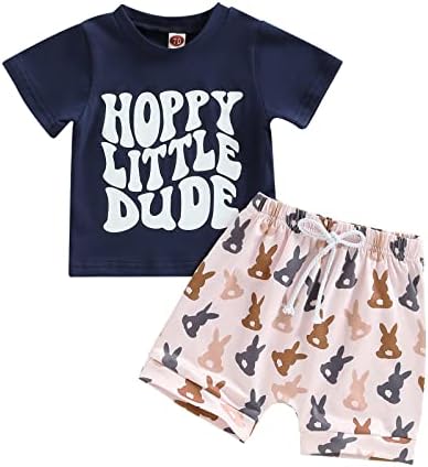 BeQeuewll Toddler Baby Boy Easter Outfit Letter Bunny Print Short Sleeve T-Shirt and Shorts Summer Clothes Set