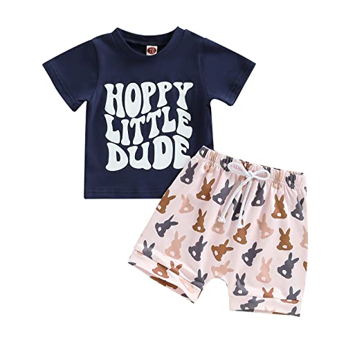 Image of BeQeuewll Toddler Baby Boy Easter Outfit Letter Bunny Print Short Sleeve T-Shirt and Shorts Summer Clothes Set