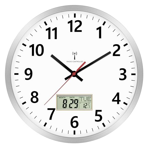 Foxtop Wanduhr Funk Analog 30cm Digitale Wanduhr mit Temperatur und Datum LCD-AnzeigeUhr für Küche, Wohnzimmer, Silber