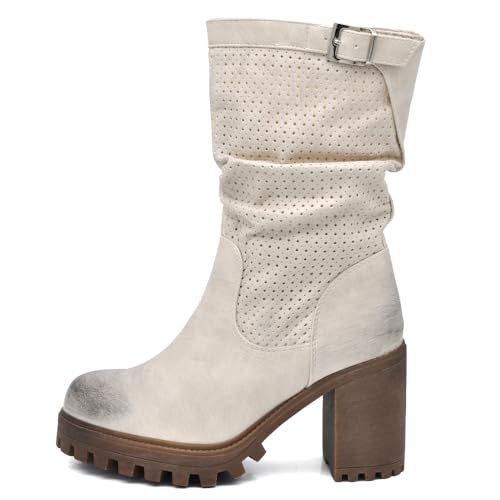 IF FASHION Stivaletti Strivali Tronchetti Aricciati Con Tacco Grosso Plateau Pelle Sintetica Da Donna G675 beige N.41