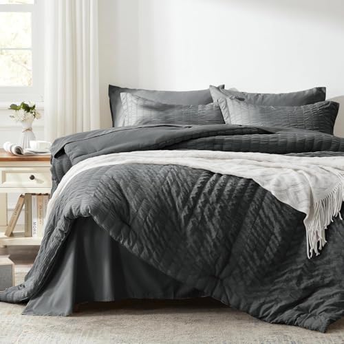 Image of Zzlpp Full Comforter Set 7 Pieces, Dark Grey Seersucker Bed in a Bag with Comforter and Sheets, All Season Bedding Sets with 1 Comforter, 2 Pillow Shams, 2 Pillowcases, 1 Flat Sheet, 1 Fitted Sheet