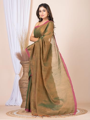 Image of Women's Tissue Cotton Saree | Plain Lightweight Tassel Pallu Saree with Blouse