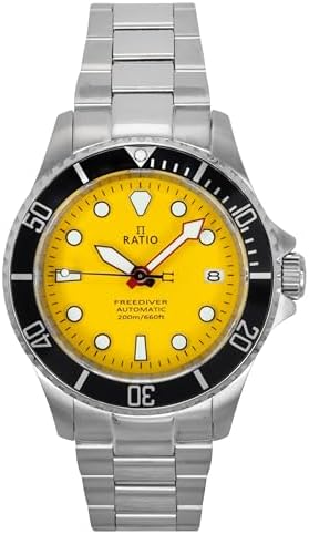 Reloj automático Ratio FreeDiver de acero inoxidable con zafiro y esfera amarilla RTF044 200M para hombre