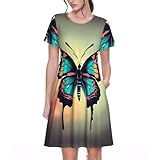 Falda retro con estampado de mariposas dibujadas a mano para mujer, vestido de cóctel de manga corta, con bolsillos, para vacaciones casuales, Negro, XXL