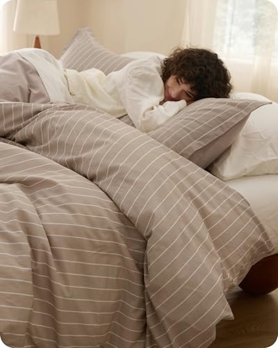 Bedsure Striped Duvet Cover Queen Size 100% Washed Cotton PureWoven Duvet Cover Linen Like Textured Classic Striped Pattern Enhances Bedroom Comfort and Style Stripes Tan/White 90x90