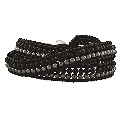 ICE CARATS Black Agate Hematite Bead Leather Multi Wrap Bracelet Adjustable Stretch Natural Stone Wood Fashion Jewelry for Women Gifts for Her