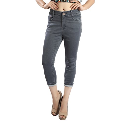 Image of FCK-3 Stretchable Denim Solid Mid Waist Knee Length Button Closure 5 Pocket Capree for Women