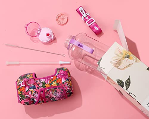 H2O Capsule 2.2L Half Gallon Water Bottle with Storage Sleeve and Removable Straw – BPA Free Large Reusable Drink Container with Handle - Big Sports Jug, 2.2 Liter (74 Ounce), Fuchsia Butterflies
