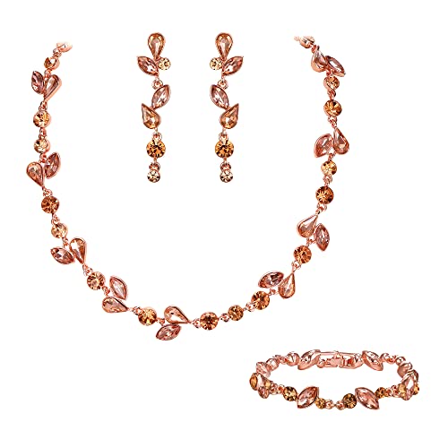 EVER FAITH Kristall Schmuck-Sets elegante Marquise- und Runde- Schliff Strass Blatt Halsketten, Ohrringe und Armband-Set für Damen Champagne Rose Gold-Tone