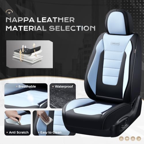 Image of Coverado Car Seat Covers Front, Seat Covers for Cars, Waterproof 2-Pack Car Seat Cushions, Leather Carseat Seat Protectors, Universal Seat Covers Fit for Most Sedans Pick-up Trucks(Black&Light Blue)
