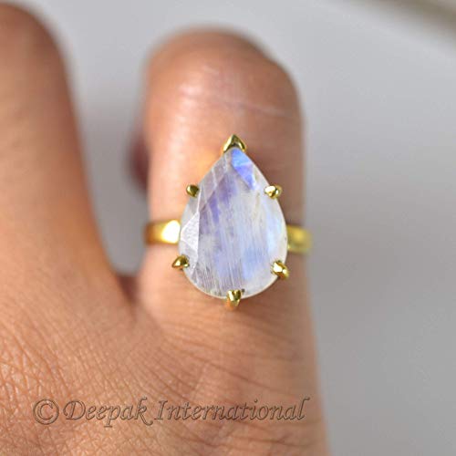 925 Yellow Gold Sterling Silver Ring, Pear Faceted, Rainbow Moonstone Ring, Handmade, Dainty Ring, June Birthstone, Statement, Natural Rainbow Moonstone, Women's, Girls, Mother's Day, Birthday Gift #TOP4