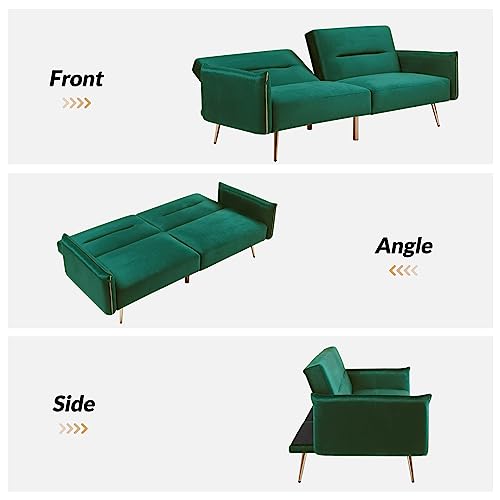 Hulala Home Modern Velvet Futon Sofa Bed, 72.8" Wide Loveseat Couch With Gold Metal Legs & Squared Arms, Splitback Sofa Small Couches For Living Room Compact Living Space, Green #TOP2