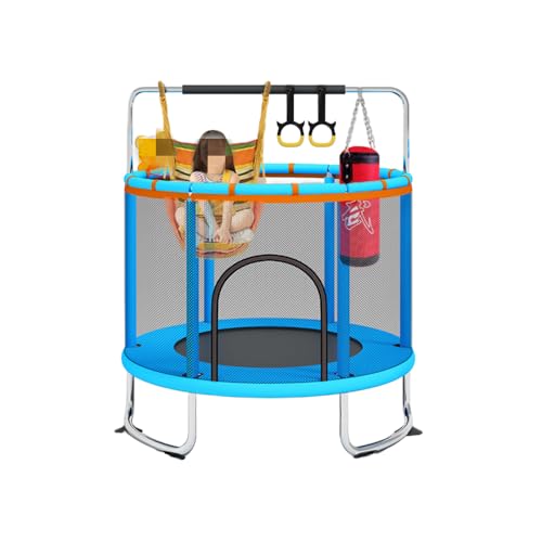 taefyiaszトランポリン 室内 子供用 【亜鉛メッキ鋼構造 静音設計 高弾力 耐荷重300KG 高さ調節可能】5 in 1 トランポリン サンドバッグ・ハンモック・鉄棒・バスケットボール・バスケットボールフープ付き 1?3人用 (直径1.2m円形鉄棒