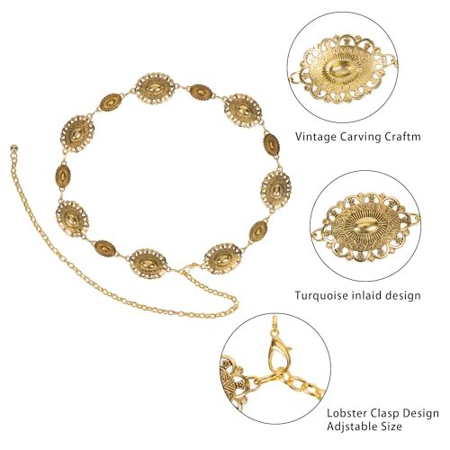 Western-Concho-Belt-Women Cowgirl-Metal-Belts Boho Silver Vintage Turquoise Chain Belt for Dress Jeans2