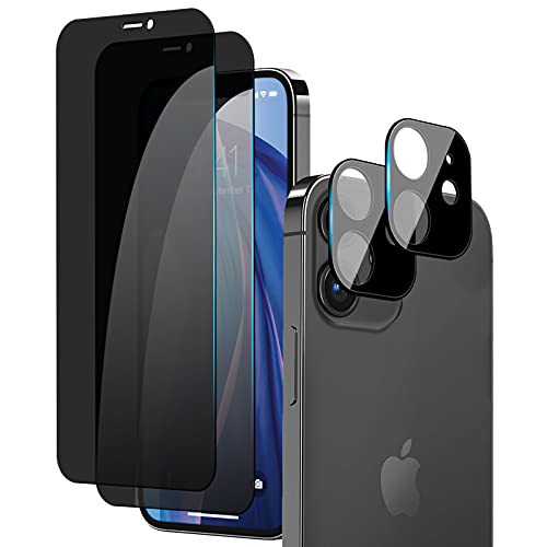 [2+2 Pack] Cnarery Privacy Screen Protector for iPhone 12(6.1 inch), 2 Pack Privacy Tempered Glass Screen Protector and 2 Pack Camera Lens Protector [Case Friendly] [Easy Installation] [Bubble Free]