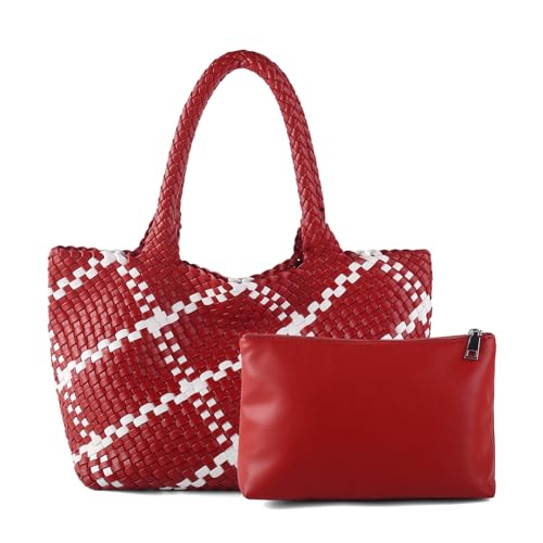 Image of Woven Tote Bag Womens Purse Vegan Leather Shoulder Handbags Fashion Summer Beach Tote Bags Large Travel Totes