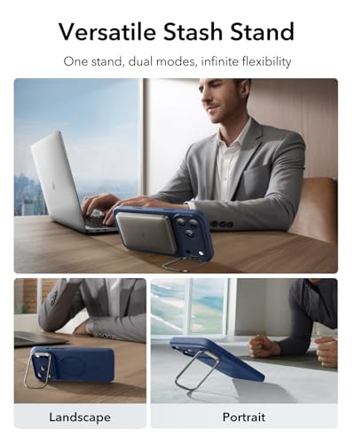 Image of ESR Silicone Case for iPhone 17 Pro, Built-in Camera Stash Stand Compatible with MagSafe, Military-Grade Drop Protection Magnetic Phone Case for iPhone 17 Pro, Cloud Series, Navy Blue