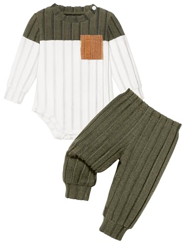 Image of Baby Boy Clothes Color Block Ribbed Knitted Outfits Long Sleeve Romper+ Pants 2PCS Outfit 0-12 Months
