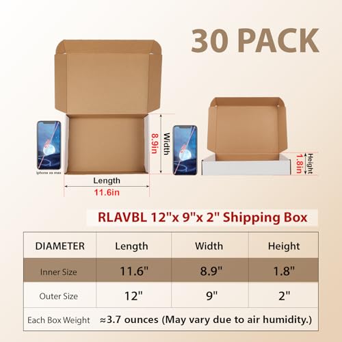 Image of RLAVBL 30 Pack 12x9x2 Shipping Boxes, White Corrugated Cardboard Mailer Box for Packing Mailing Small Business