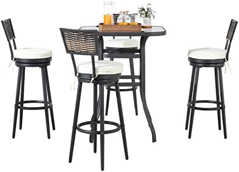 TOP HOME SPACE 5 PCS Patio Swivel Bar Set Outdoor Textilene High Bistro Set All Weather Cushioned Garden Furniture with 4 Swivel Bar Stools and 1 Square Bar Table, Beige