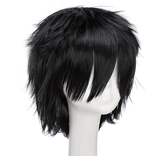 Unisex Women Mens Male Short Black Fluffy Straight Hair Wigs Anime Cosplay Party Dress Costume Synthetic Wig #TOP1