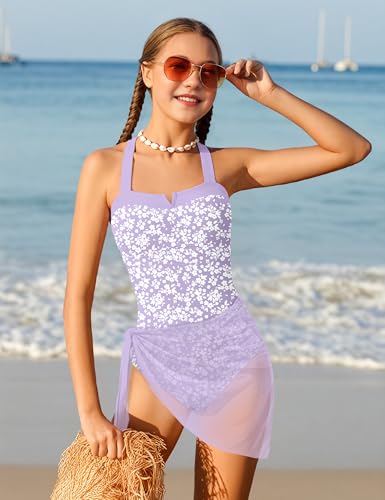 Image of Shallmu Girls One Piece Swimsuits Color Block Dual Crossback Straps with Cover Up Skirt Girl's Swimwear 9-16Y