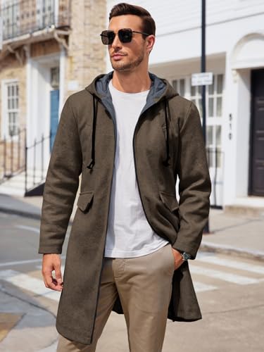 Image of ZIWOCH Mens Trench Coat Wool Blend Hoodie Long Jacket Full Zip Winter Classic Business Overcoat