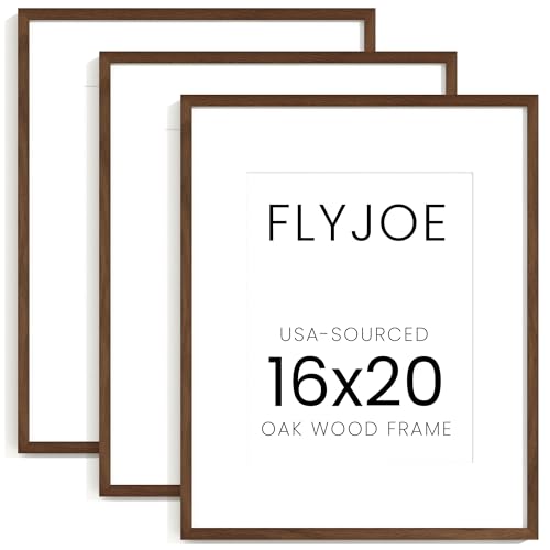 Image of FLYJOE 16x20 Oak Wood Picture Frame with Mat for 11x14, 16 by 20 USA-Sourced Natural Solid Wooden Poster Frame for Wall Display, Tempered Real Glass, Hanging Hardware Included, 3 Pack, Walnut Color
