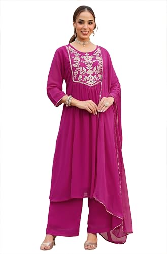 Image of Janasya Women's Georgette Embroidered A-line Kurta with Palazzo Dupatta Set