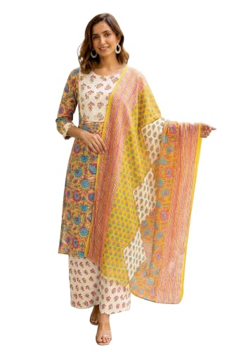 Image of MIRCHI FASHION Women's Straight Fit Pure Cotton Embellished Floral Printed Kurta Set with Dupatta and Trouser