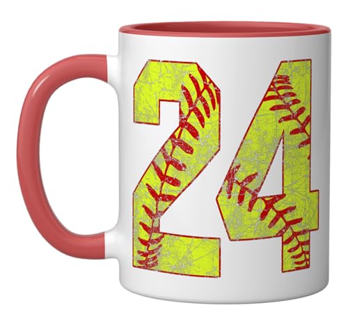 Softball #24 Fast Pitch Love Softball Mom Favorite Player Ceramic Mug, Red/White