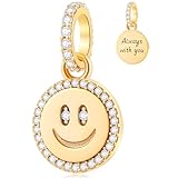 18k Yellow Gold Plated Happy Face Smile Pendant Charm with Clear CZ Eye, fit Pandora Luck Bracelet, Smiley Face Emoji Dangle Beads, Gift for Sister/Daughter
