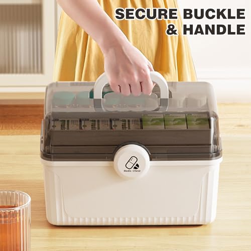 Kezidhp Hausapotheke Box Große Medikamenten Aufbewahrung mit 3 Etagen & Tragegriff, Medizinbox Erste Hilfe Koffer, Multifunktionaler Medizinkoffer für Zuhause, Reise & Familie 30,5x20x21,5cm