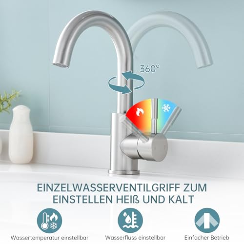 Fransiton Wasserhahn Bad Hoch, 360° Drehbar wassersparende Waschtischarmatur Hoch mit Warm/Kaltwasser Mischbatterie Einfache Montage für Badezimmer/küche Waschbecken Kleine Wohnmobil (Edelstahl)