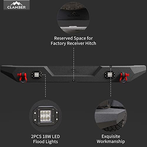 CLAMBER Full-Width Rear Bumper for 2007-2018 Jeep Wrangler JK & Unilimited JKU 2/4 Doors (NOT for JL Models), Heavy Duty Off-Road Back Bumper Guard with 2PCS 18W Flood Lights by CLAMBER - Image 2