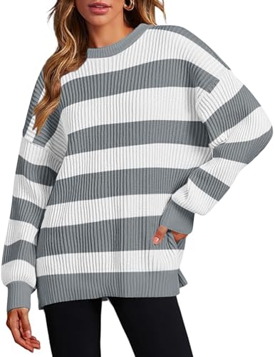 Image of Zeagoo Women 2026 Fall Lightweight Oversized Sweater Crew Neck Long Sleeve Color Block Pullover Rib Knit Blouse Tops XS-2XL