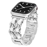 Picture of LOFOV Compatible With Apple Watch Band for Woman 38mm 40mm 41mm, Metal Strap Leather Over Gold Chain Cowboy Style Replacement iWatch Series 9 8 7 6 5 4 3 2 1 SE (Silver Link with White Leather)
