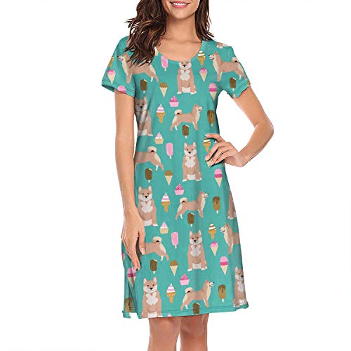 ENO Cotton Short Sleeve Nightgowns Women's Shiba Inu Ice Cream Sleeping Shirt