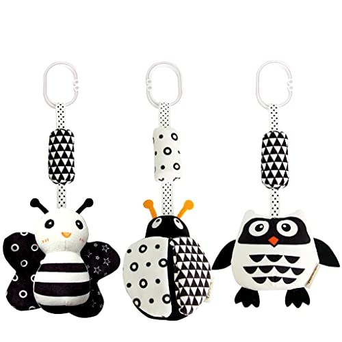 KAKIBLIN Baby Hanging Toy,3 Pack Black and White Baby Toys for 3 6 9 12 Months, High Contrast Hanging Toys,Plush Soft Stroller Rattles Toy for Boys...