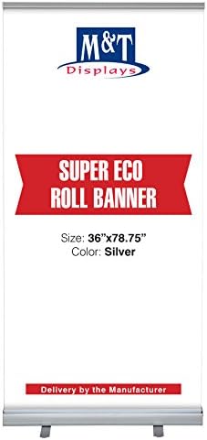 M&T Displays Super Eco Retractable Roll Up Banner Floor Standing 36x78.75 Inch Display Stand Silver Aluminum Profile with Carrying Bag for Convention, Conference, Trade Show, Office