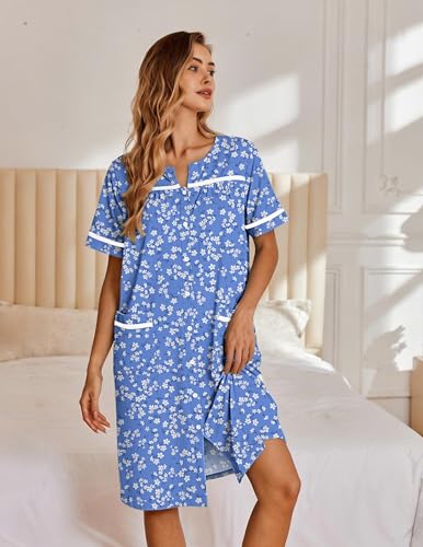 Image of Ekouaer Nightgowns for Women House Dress with Pockets Button Down Sleepshirt Short Sleeve Nightshirt Housecoat