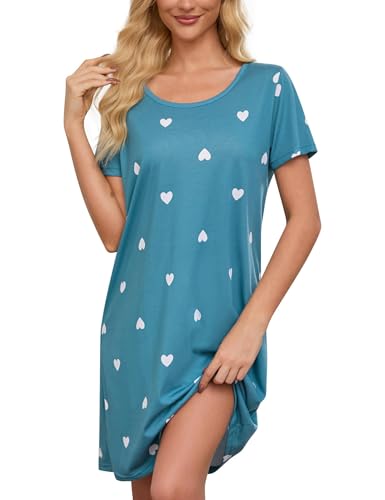 Image of ENJOYNIGHT Womens Cotton Nightgown Short Sleeve Sleepshirt Print Nightshirt | Short-Sleeve Crew Neck, Soft Cotton Fabric, Cartoon Printed Sleep Shirt, Loose Fit