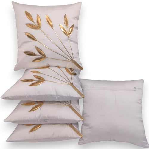 Image of Golden Floral Cushion Covers, 16x16 Inch, Set of 5 (White)