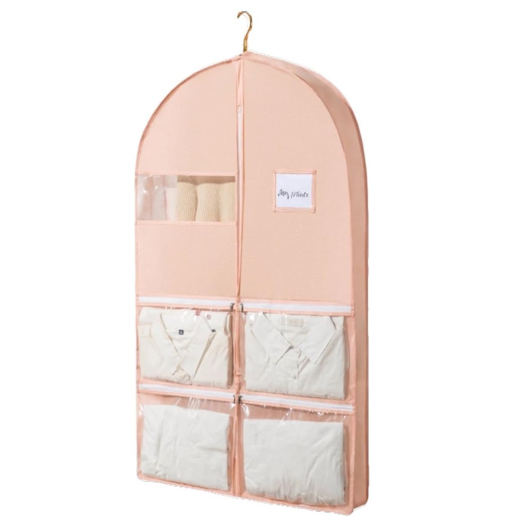 Funda para Ropa Paquete De 5 Portatrajes con Fuelle 3,9" para Viaje 4 Bolsillos, Bolsa Plegable para Traje Ventana Transparente Accesorios de Viaje(Pink,60 * 10 * 125cm)