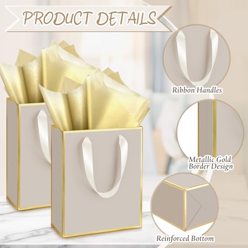 Image of Yeaqee 24 Pack Metallic Paper Gift Bags, Champagne, Gold | with Satin Ribbon Handle and Tissue, 9x7x3.1 Inch, Suit Business, Birthday, Christmas, Thank You Return Gifts Bags
