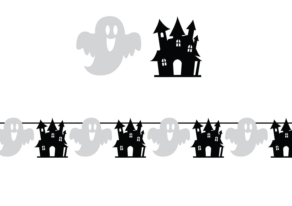FIESTAS GUIRCA | Ghosts and Castles Garland (300 cm) - Halloween and Themed Party Decoration - Ideal for Celebrations and Events - Decorative Accessory - Black and White