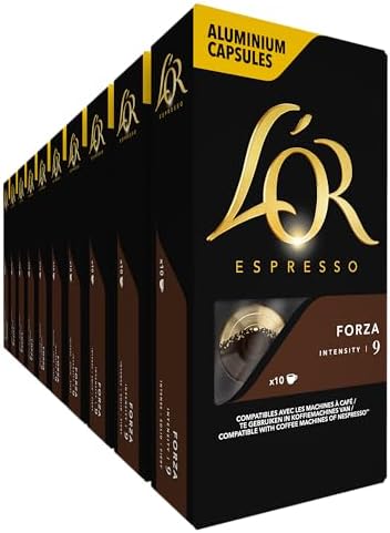 L'OR Espresso Koffiecups Forza (100 Espresso Koffie Capsules, Geschikt voor Nespresso* Koffiemachines, Intensiteit 09/12, 100% Arabica Koffie, UTZ Gecertificeerd), 10 x 10 cups
