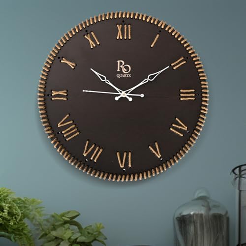 Image of Wooden Round Shape Roman Dial Wall Clock with Golden Jute Detailing and Silver Hands | Silent Quartz Movement Anti Reflection Analog Vintage Clock for Home and Office (Black, 15.5 Inch)